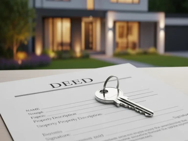Real estate attorney reviewing a deed and preparing transfer of ownership documents.